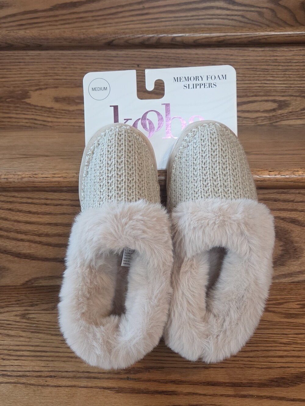 Kooba Beige Faux-Fur Knit Memory Foam Slippers